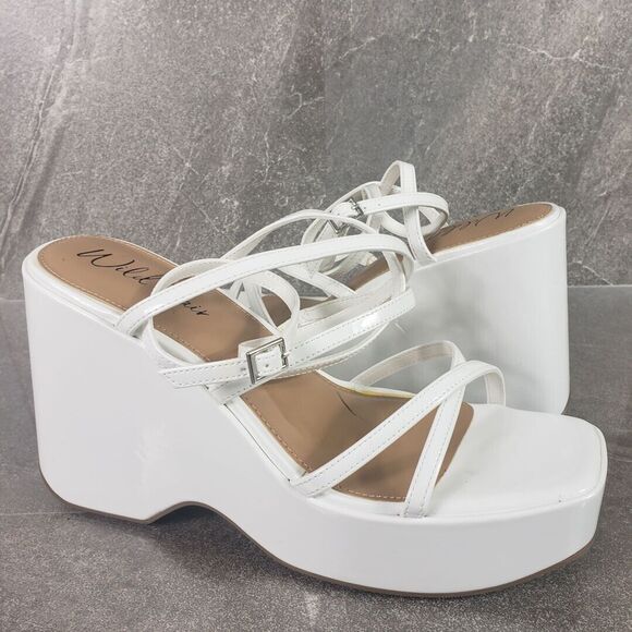 Wild Pair Shoes - Wild Pair Merina Strappy Sandals Platform Wedge White Patent 10 M Chunky Shoes